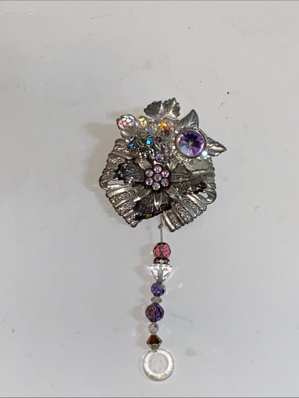 Silver Floral Brooch with Purple and Pink Crystal Dangles Rhinestone